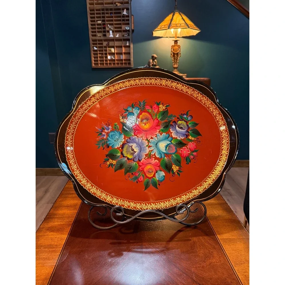 Vintage Zhostovo Hand Painted Metal Tray Signed Kokhna Red Floral Toleware‎